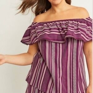 Lane Bryant Women's Cotton Blend Off Shoulder Purple Stripe Resort Top